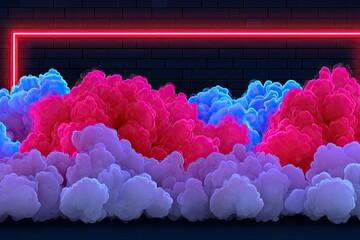 Neon red frame highlights vibrant pink and blue smoke clouds against a dark brick wall