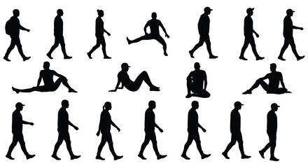various human figures in diverse poses and actions silhouette