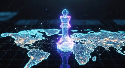 A glowing chess king piece positioned over a digital world map, symbolizing strategy.