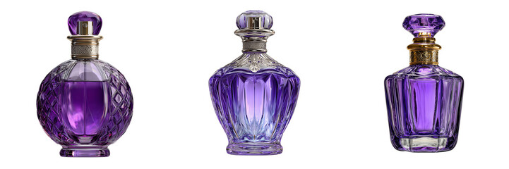 Set of minimalistic 3d rendering of a perfume bottle, geometric diamond-style cap, filled with golden fragrance liquid on transparent png background. Ai generated