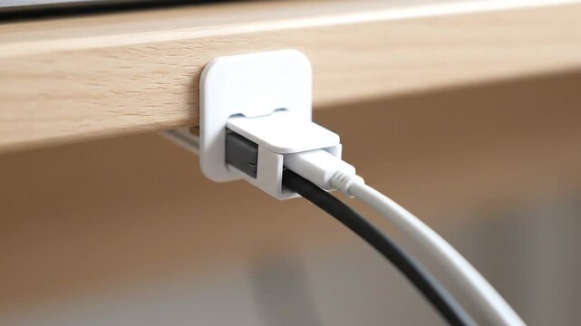 Cables Organized Under Desk with White Clip Close Up - Powered by Adobe