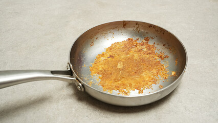 Dirty, oily and burnt stainless steel frying pan
