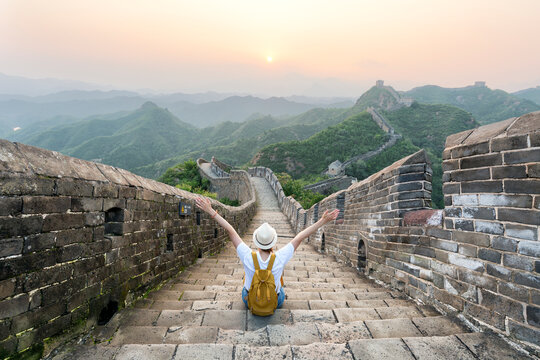 Traveler at the Great Wall of China near Beijing, China.