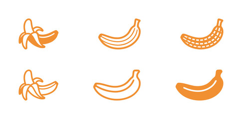 Set of orange banana icons in various styles, representing food, fruit, and healthy snacks.
