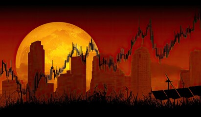 Cityscape at sunset, financial chart overlays a fiery orange moon