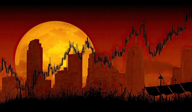 Cityscape at sunset, financial chart overlays a fiery orange moon