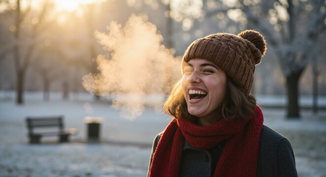 Young woman with a joyful spirit laughing in a winter park during sunrise