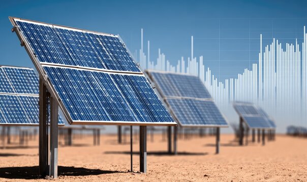 Solar panels in a desert landscape, overlaid with financial data charts