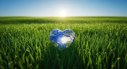 A heart-shaped Earth globe sits in a lush green field under a bright blue sky with a rising sun.