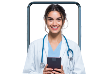 Female doctor on smartphone screen, offering virtual healthcare.