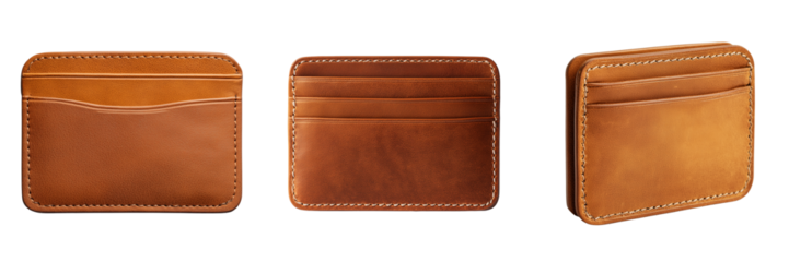 Set of Modern five-pocket leather wallet, two small card pockets on each side on transparent png background. Ai generated