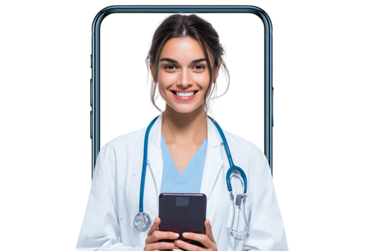 Female doctor on smartphone screen, offering virtual healthcare.