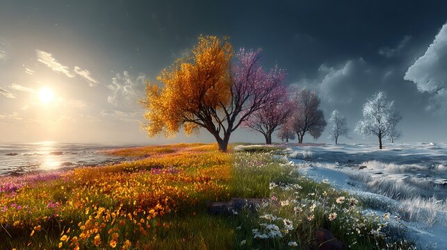 Four seasons changing simultaneously on blooming meadow by the sea