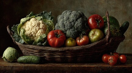 Still life of fresh vegetables in rustic basket