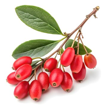Berberis vulgaris var. coccinea Wild Barberry Striking Scarlet Red Glossy Berries with Smooth Polished Finish and Fresh Leafy Accents Perfectly Captured on a Bright White Background