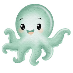 Watercolor Cute octopus. Under the sea.