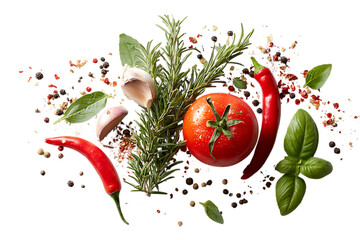 Overhead view of fresh herbs, spices, and tomato.  Perfect for culinary or food blog backgrounds.