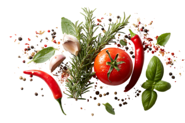 Overhead view of fresh herbs, spices, and tomato.  Perfect for culinary or food blog backgrounds.
