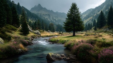 Obraz premium River flowing through green valley in pyrenees mountains