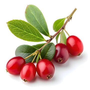 Berberis vulgaris var. minor Wild Barberry Petite Glossy Red Berries with Smooth Polished Texture and Fresh Green Leafy Accents Beautifully Highlighted on a Crisp White Background