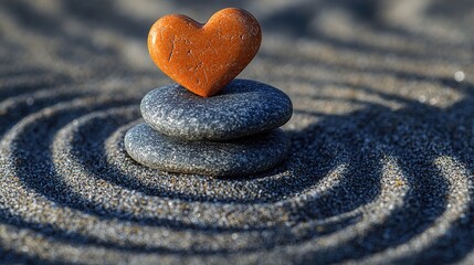 Photo of heart-shaped rock on top of three stacked rocks in center, natural love symbol, outdoor travel concept