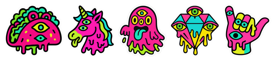 PNG Colorful psychedelic monster stickers, element set on transparent background