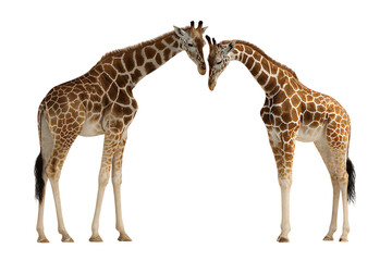 Naklejka premium Two giraffes showing affection, isolated on black.