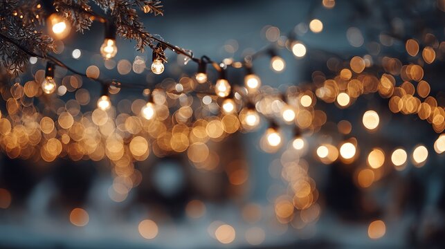 Enchanting garden party at dusk with warm string lights, golden bokeh glow, cozy outdoor celebration, elegant backyard decor and copy space for invitations, banners, and social media headers