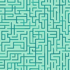A complex teal maze pattern design with a light background and dark teal lines