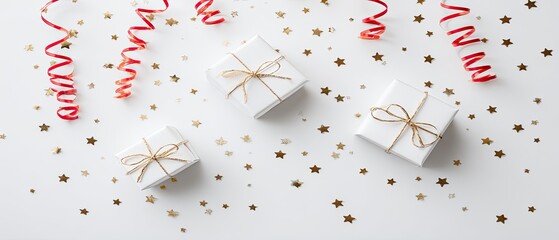 White gift boxes with gold confetti and red streamers on a white background