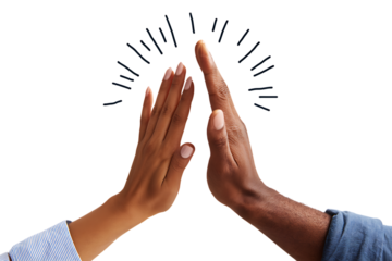 Diverse hands high fiving, symbolizing achievement and collaboration.