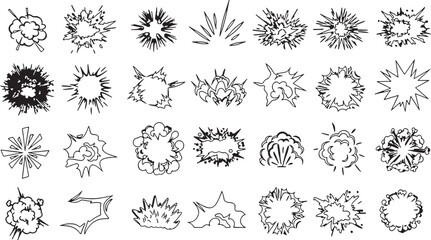 explosion, impact, comic book, style, graphics, collection, set, burst, boom, pow, bang, sound effect, graphic design, illustration, action, energy, abstract, shapes, lines, black and white, vector, g