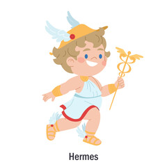 Ancient Greek god Hermes. Character of the Olympic god of trade and eloquence. Deity with winged sandals, hat and scepter with snakes. Cartoon character of pagan religion, European mythology