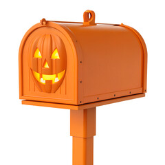 Illuminated jack o lantern mailbox decoration for halloween festive outdoor display isolated on transparent background
