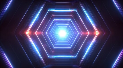 Glowing hexagonal tunnel receding into a bright central light source, featuring vibrant blue and pink neon outlines, creating a futuristic and energetic atmosphere