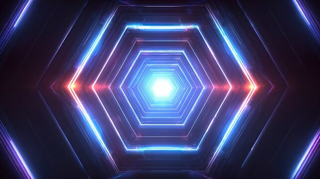 Glowing hexagonal tunnel receding into a bright central light source, featuring vibrant blue and pink neon outlines, creating a futuristic and energetic atmosphere