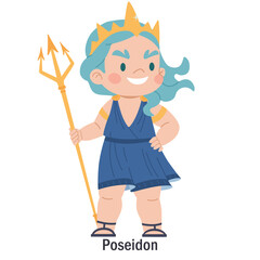 Ancient Greek god Poseidon. Character of the Olympic god of the seas. Deity with a trident. Cartoon character of classical mythology and pagan religion