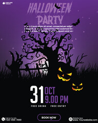 Purple color Happy Halloween party celebration poster design template with pumpkins, bats, and ghosts. Editable Halloween Invitation Template with Pumpkins and Bats. Halloween background. 