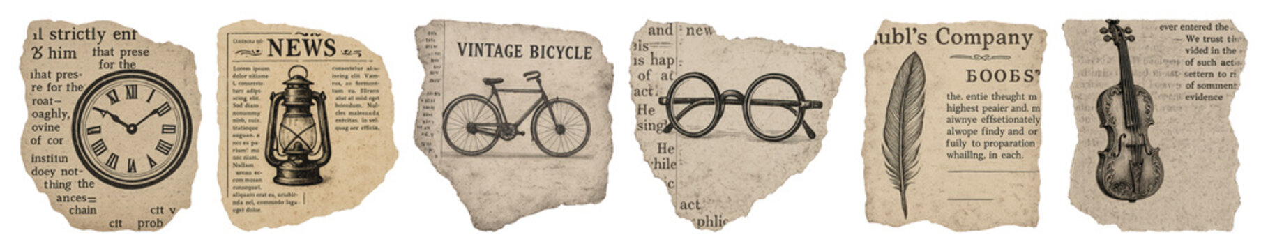 PNG Vintage objects on torn paper, element set on transparent background