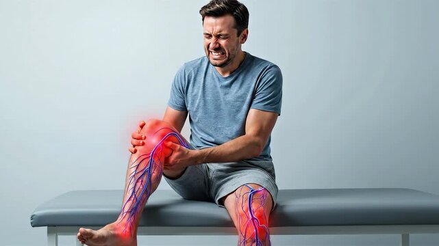 Man feeling intense knee pain, highlighting venous and arterial circulation concerns on an examination table, medical diagnostic footage.