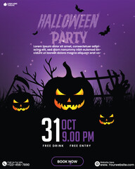 Purple color Happy Halloween party celebration poster design template with pumpkins, bats, and ghosts. Editable Halloween Invitation Template with Pumpkins and Bats. Halloween background. 