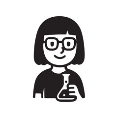 Smiling female scientist holding flask, focused on research.