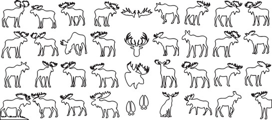 moose, animal, outline, illustration, collection, set, antlers, deer, wildlife, nature, graphic, design, drawing, sketch, vector, graphic elements, forest, mammal, creature, art, simple, clean, black 