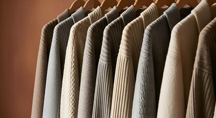 Obraz premium Cozy knit sweaters hanging in a neutral palette create a calm, minimalist wardrobe aesthetic