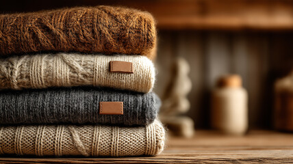 Cozy folded sweaters stacked on a wooden surface, featuring warm earthy tones, soft textures, and rustic tags, evoking a warm autumn and winter vibe.