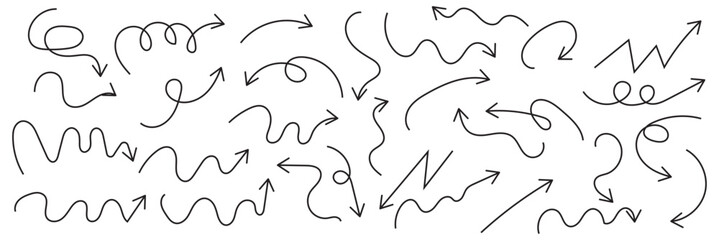 scribble illustration doodle arrow shape set. And drawn style with brush stroke.