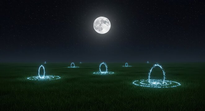 Multiple glowing portals illuminate a grassy plain under a full moonlit sky.