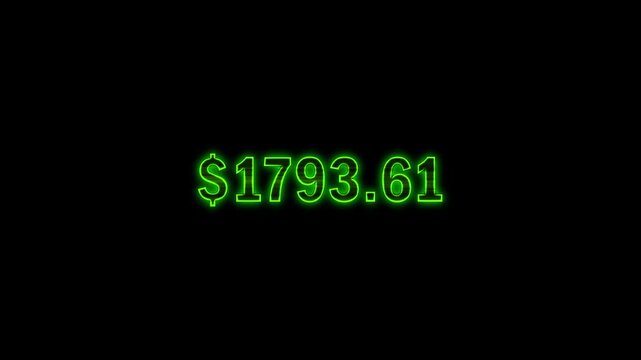 Animated neon glowing dollar counter from 0 to 6000 USD, futuristic green money display, digital finance animation, forex trading concept, investment profit, stock economy growth, savings and wealth.