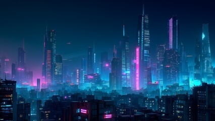 Futuristic cyberpunk city skyline with neon lights