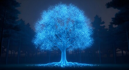 Discover a mystical blue glowing tree illuminating a dark forest, perfect for fantasy and magical stories